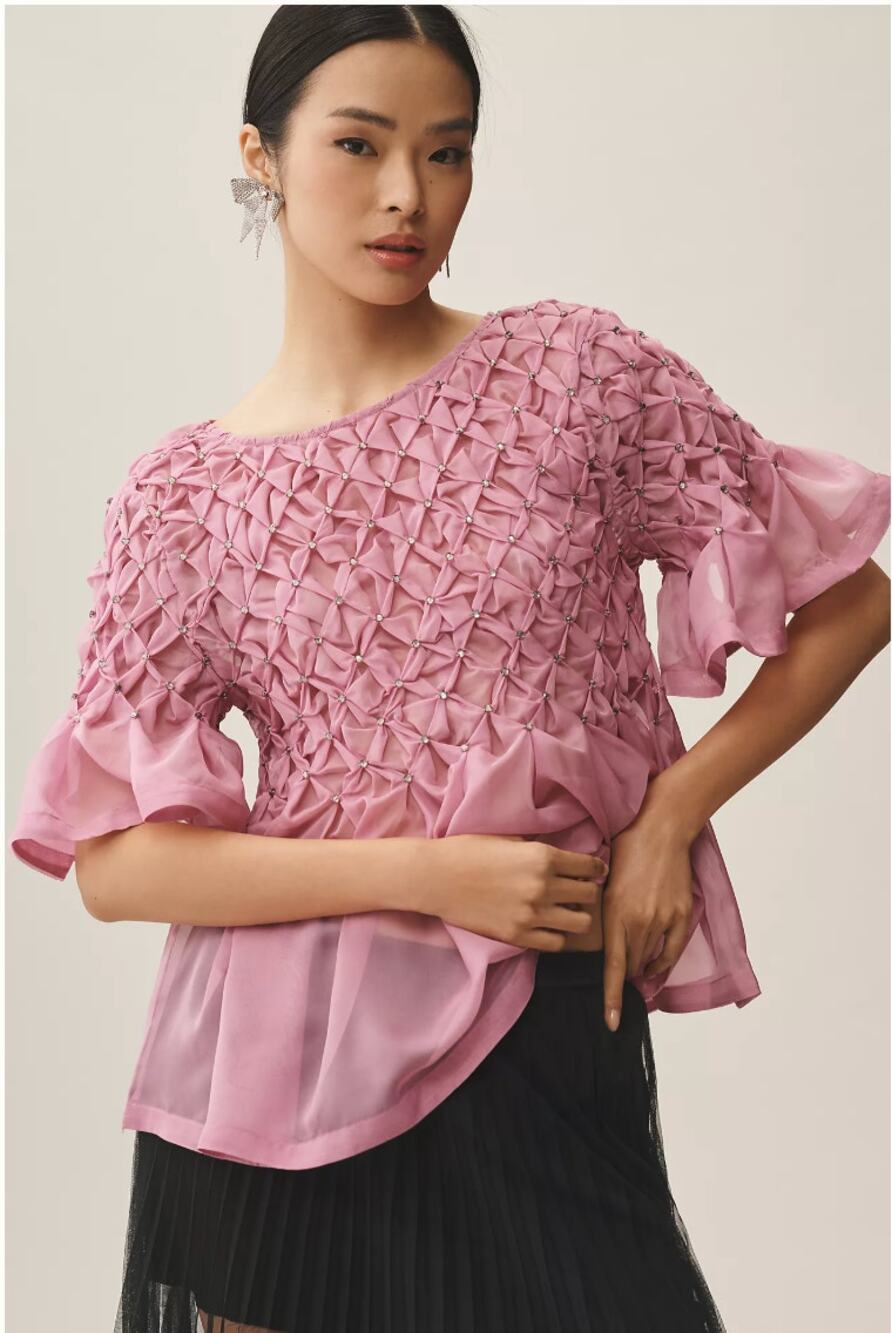 NWT Anthropologie Maeve Short-Sleeve Rhinestone Sheer Babydoll Blouse